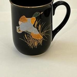 Vintage Otagiri Mallard Duck~Gloss Black Gold Gilt Waterfowl Coffee Cup Mug‎